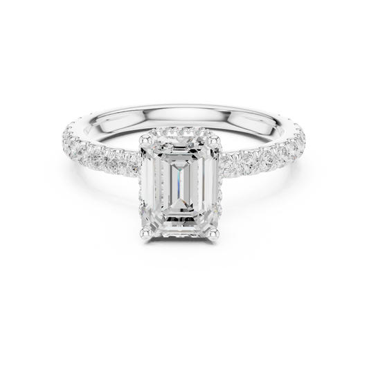 Emerald hidden halo ring in white gold with pave diamond band and lab-grown diamond – Australia