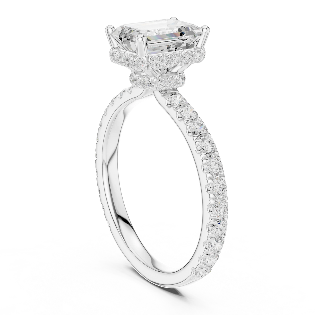 Back view of white gold emerald hidden halo ring with pave diamond band and lab-grown diamond – Australia