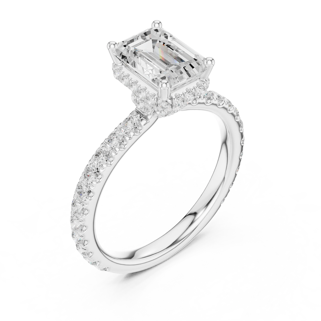 Front view of white gold emerald hidden halo ring with pave diamond band and lab-grown diamond – Australia