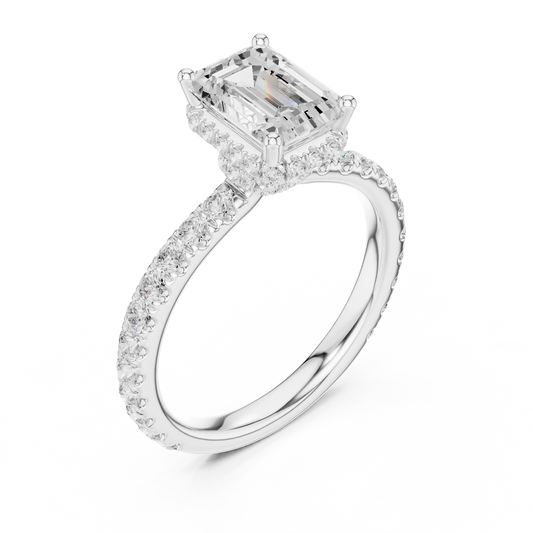 Front view of white gold emerald hidden halo ring with pave diamond band and lab-grown diamond – Australia