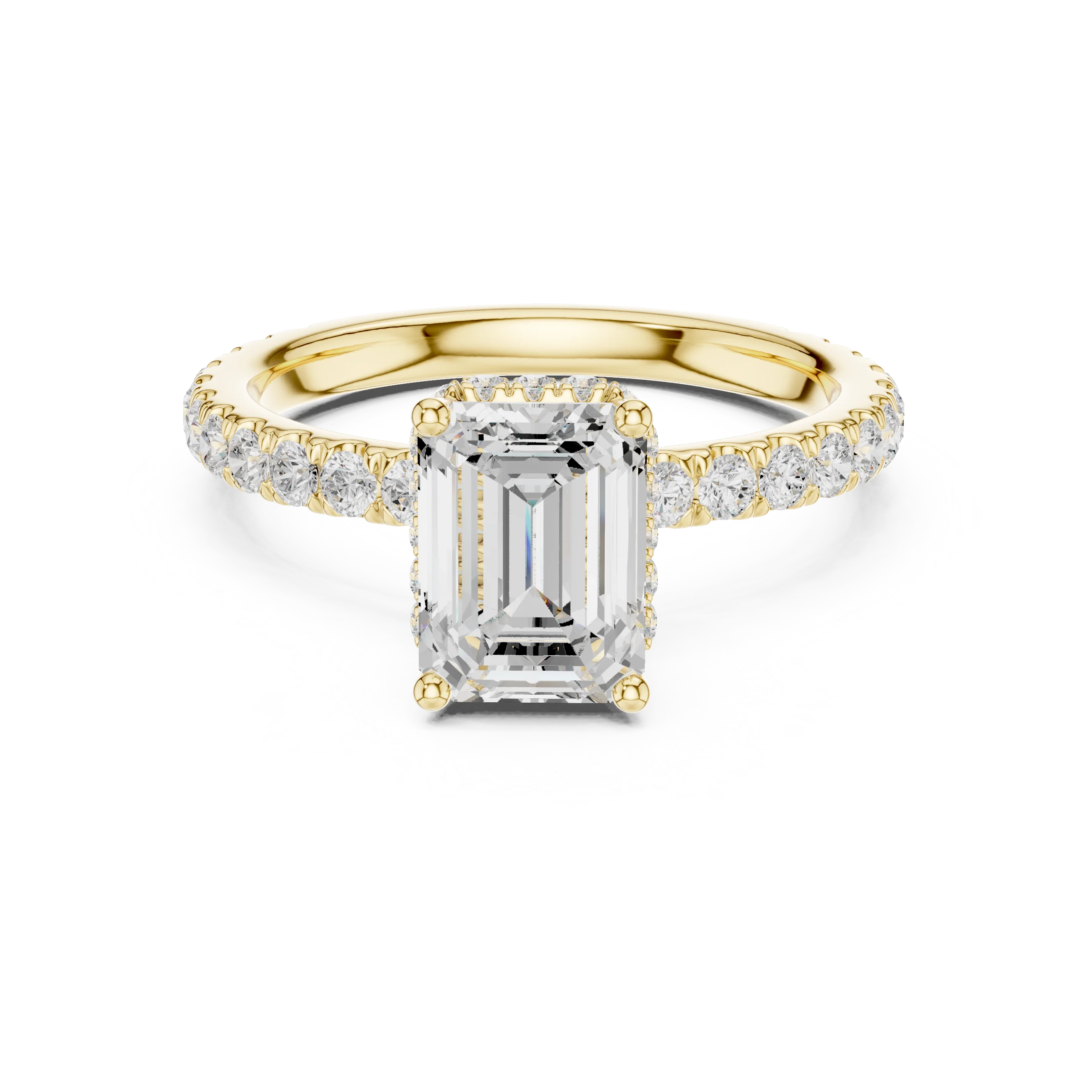 Emerald hidden halo ring in yellow gold with pave diamond band and lab-grown diamond – Australia
