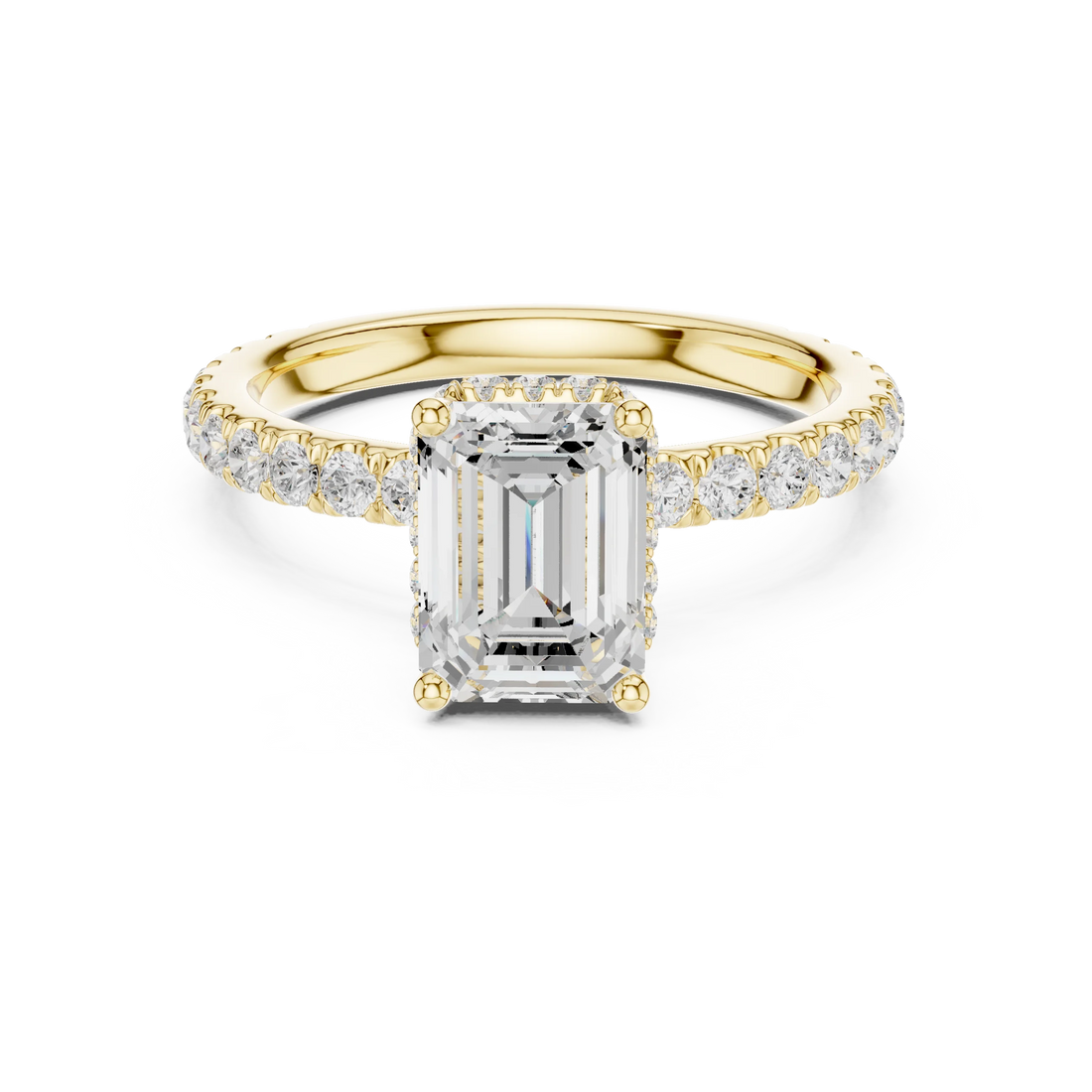 Emerald hidden halo ring in yellow gold with pave diamond band and lab-grown diamond – Australia