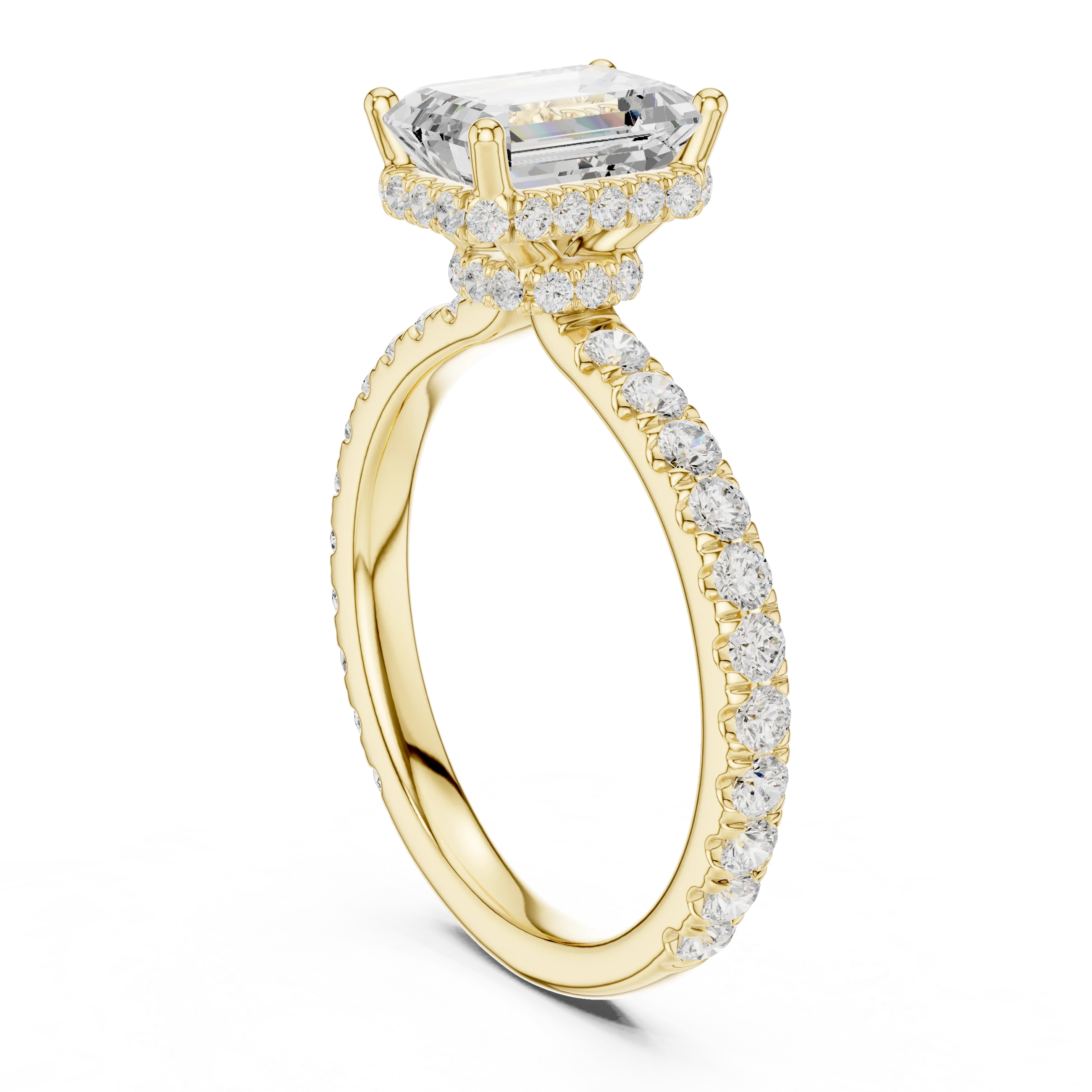 Back view of yellow gold emerald hidden halo ring with pave diamond band and lab-grown diamond – Australia