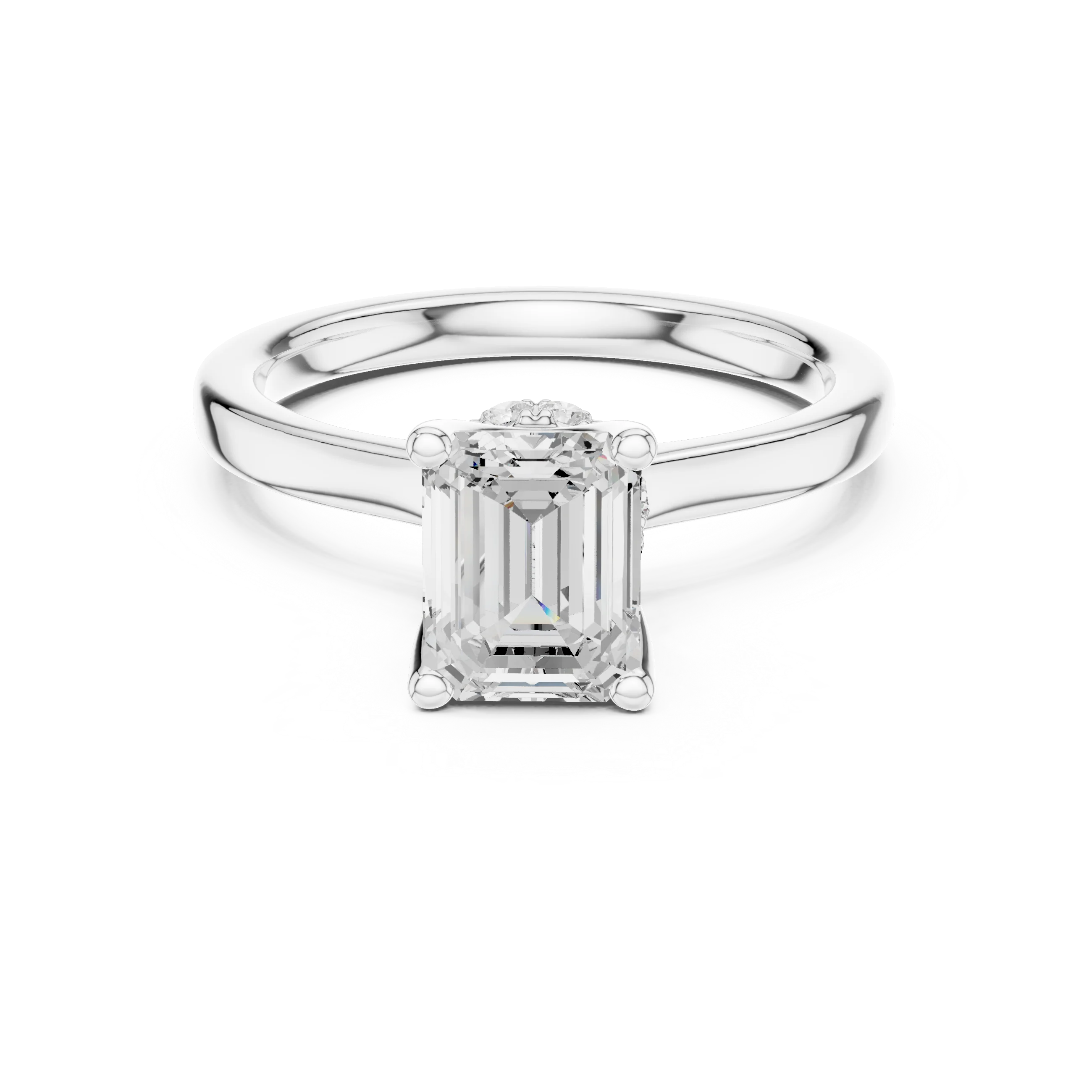 Emerald solitaire ring in white gold with hidden halo and domed band and lab-grown diamond – Australia