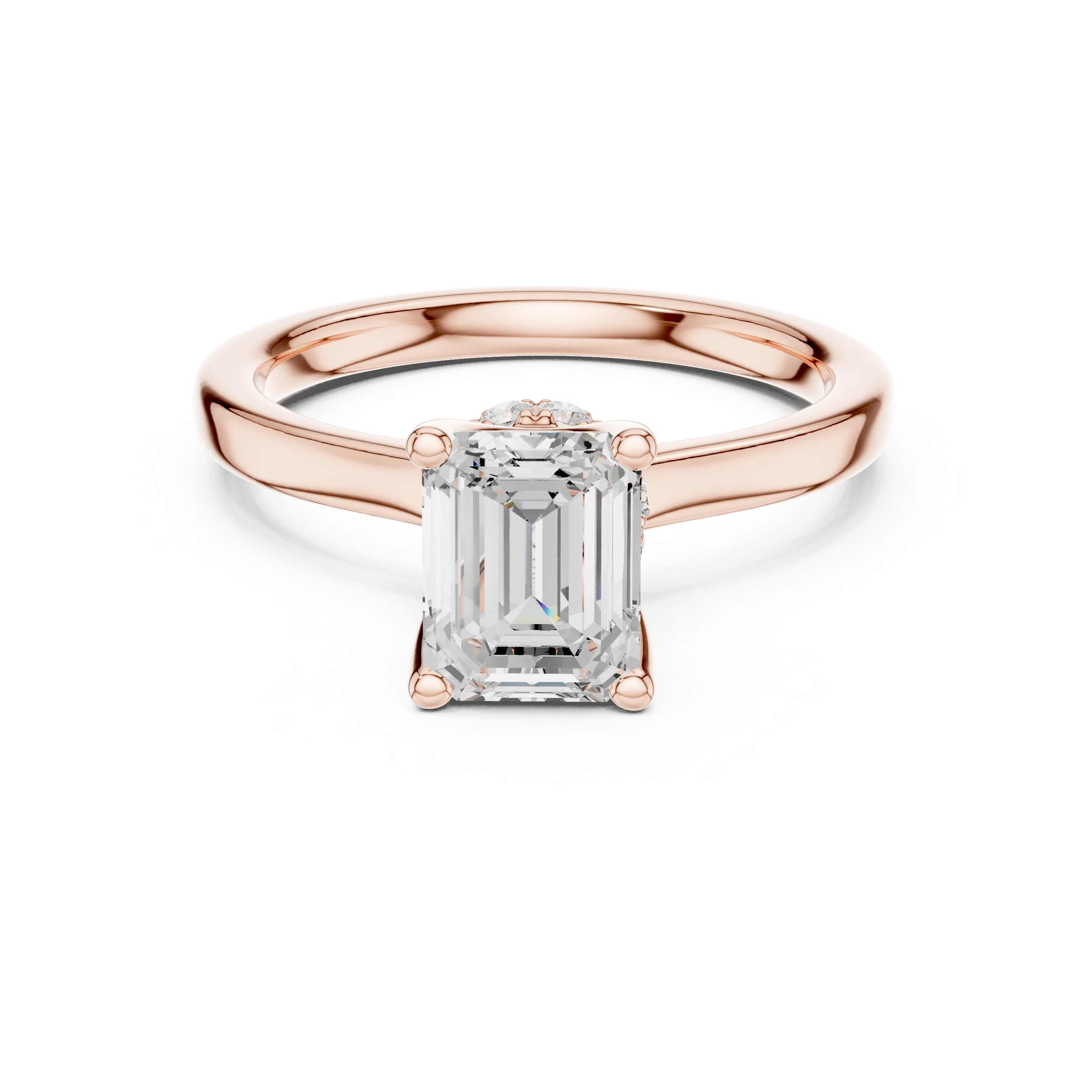 Rose gold emerald solitaire ring with hidden halo and domed band and lab-grown diamond – Australia