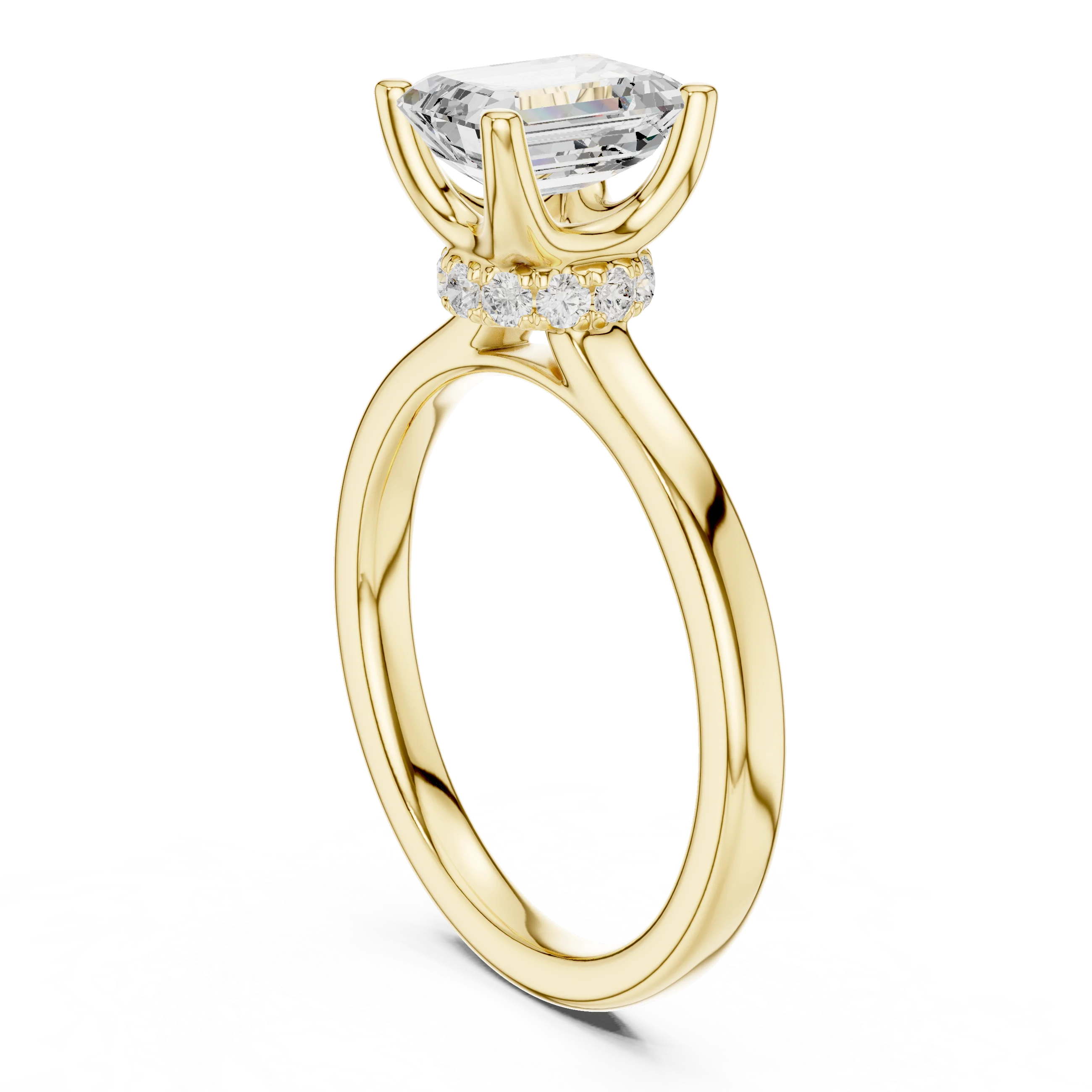 Back view of yellow gold emerald solitaire ring with hidden halo and domed band and lab-grown diamond – Australia