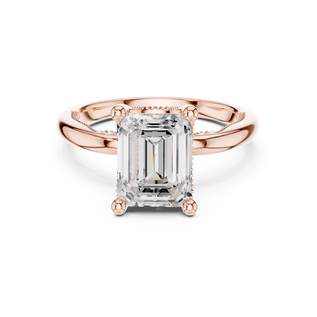 Rose gold emerald cut solitaire ring with hidden halo and domed band featuring lab-grown diamond, modern look