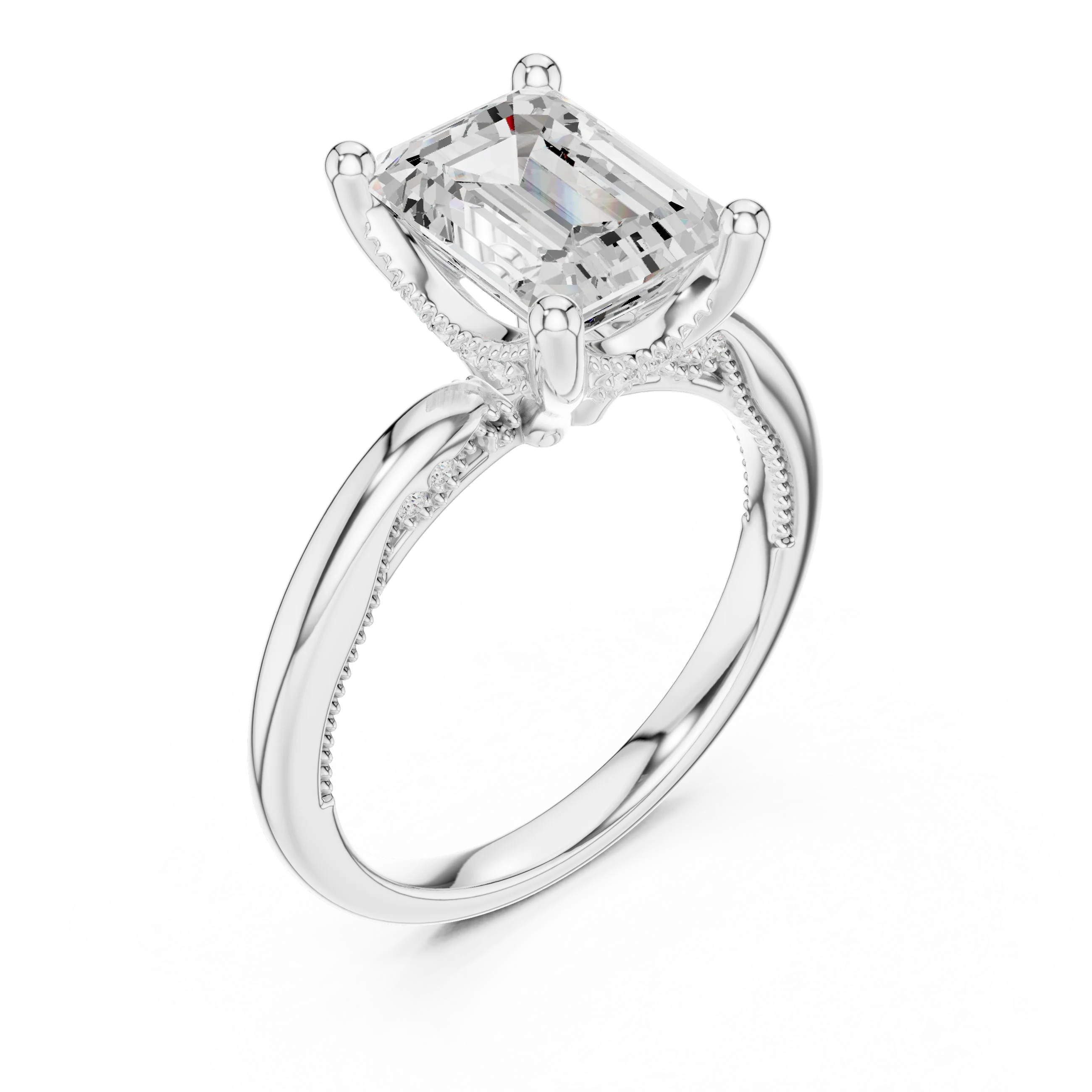 Front view of white gold emerald cut solitaire ring with hidden halo and domed band and lab-created diamond