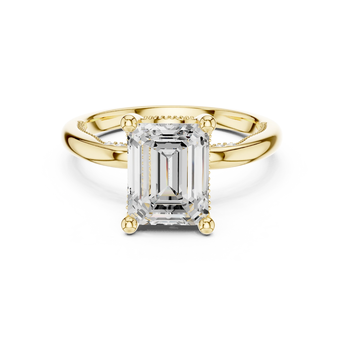Yellow gold emerald cut solitaire ring with hidden halo and domed band featuring lab-grown diamond, classic style