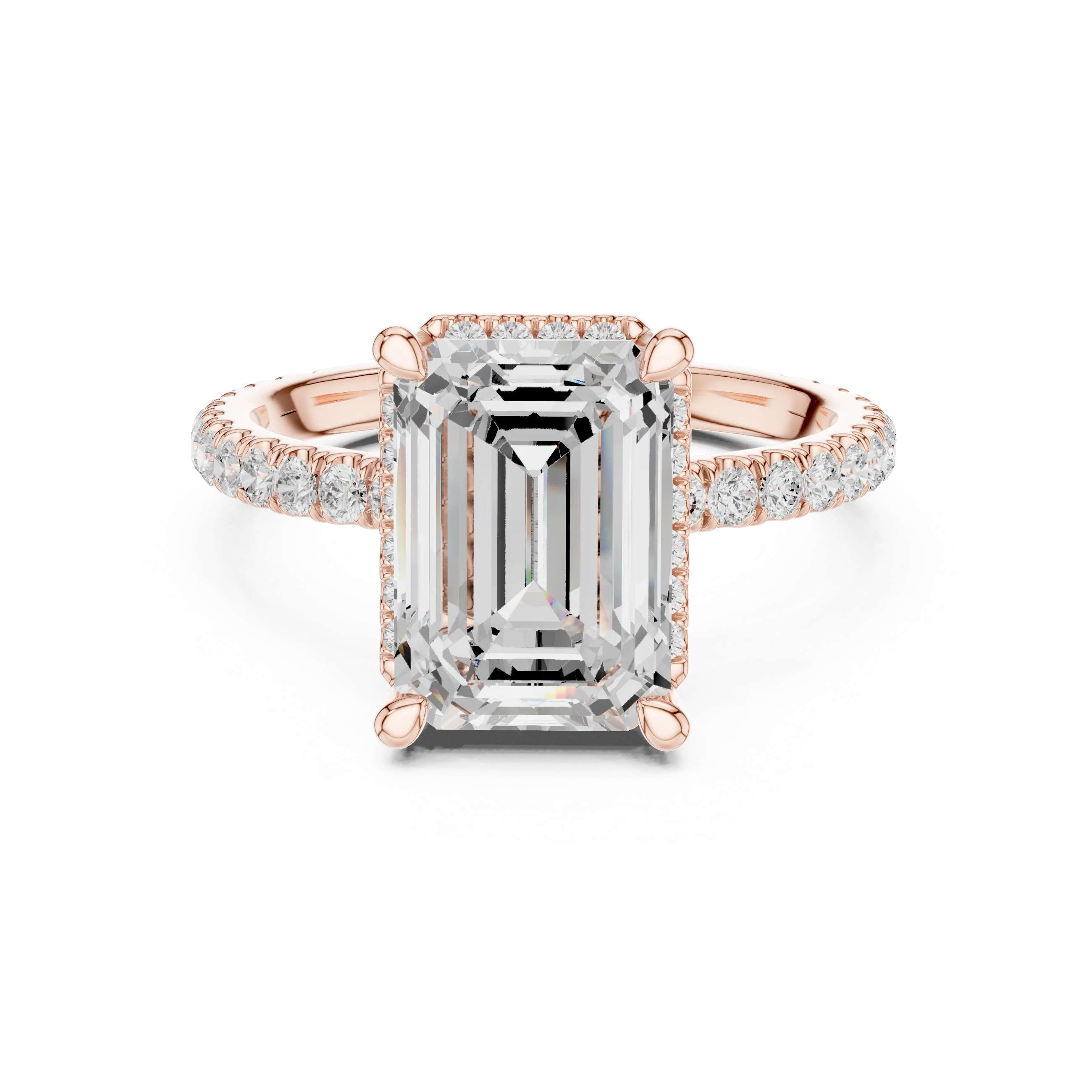 Rose gold emerald cut solitaire ring with hidden halo and thin pavé band featuring lab-grown diamond, modern delicate look