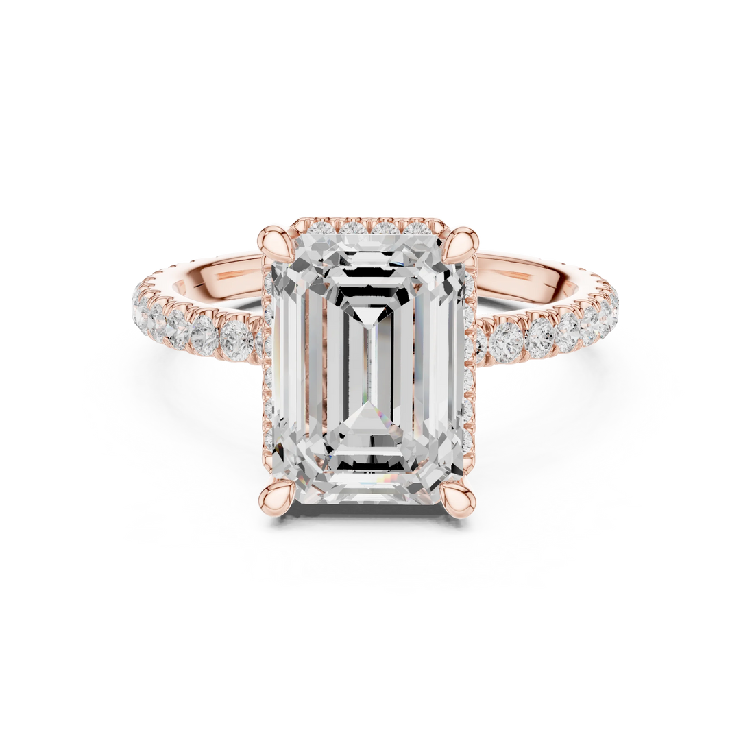 Rose gold emerald cut solitaire ring with hidden halo and thin pavé band featuring lab-grown diamond, modern delicate look
