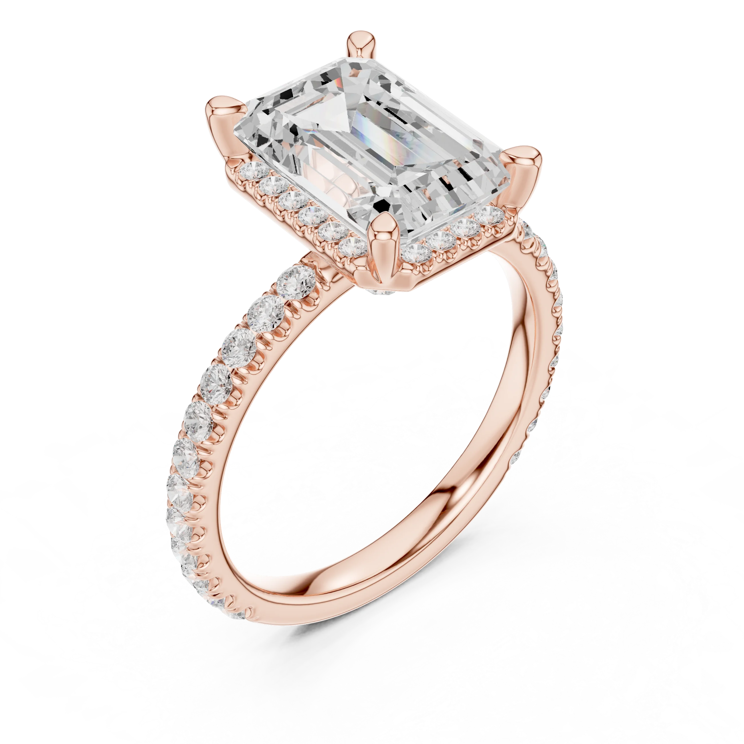 Front view of rose gold emerald cut solitaire ring with hidden halo and thin pavé diamond band and lab-created diamond