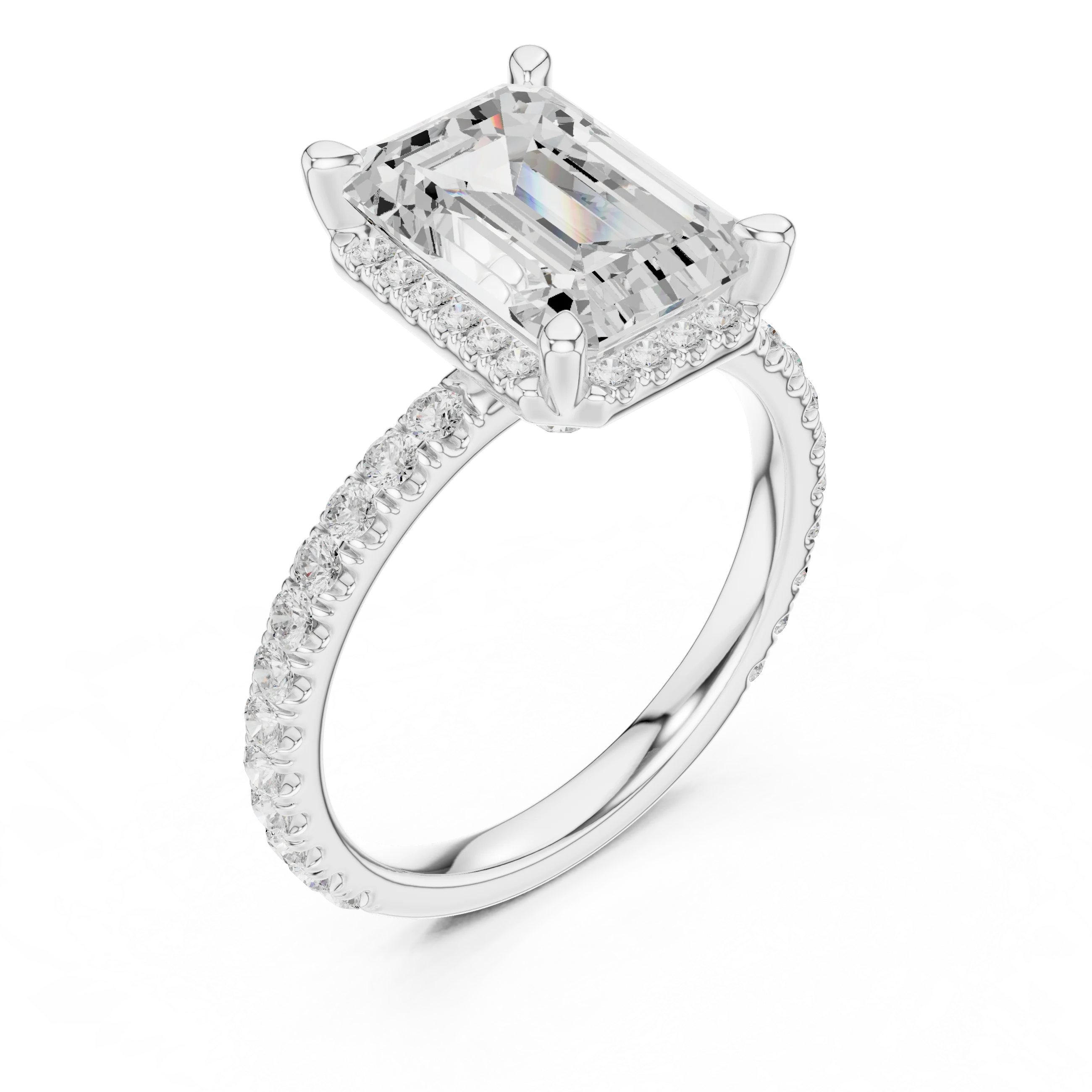 Front view of white gold emerald cut solitaire ring with hidden halo and thin pavé diamond band and lab-created diamond