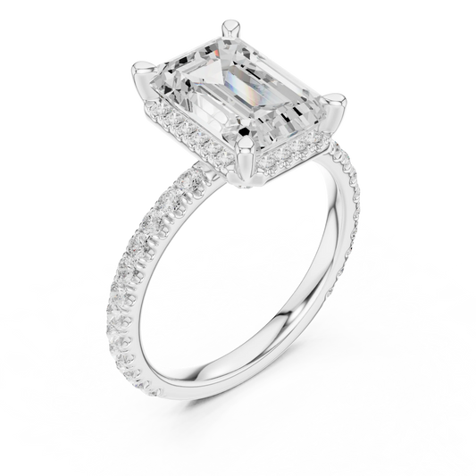 Front view of white gold emerald cut solitaire ring with hidden halo and thin pavé diamond band and lab-created diamond
