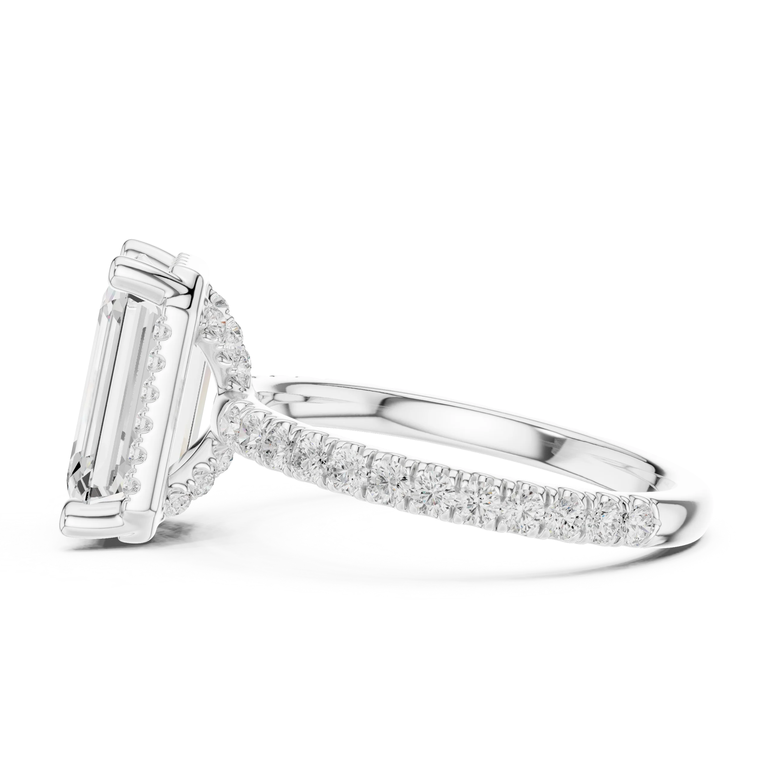 Side view of white gold emerald cut solitaire ring highlighting hidden halo and thin pavé band design