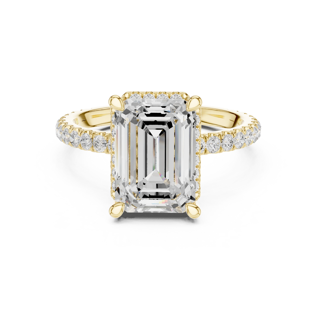 Yellow gold emerald cut solitaire ring with hidden halo and thin pavé band featuring lab-grown diamond, classic style