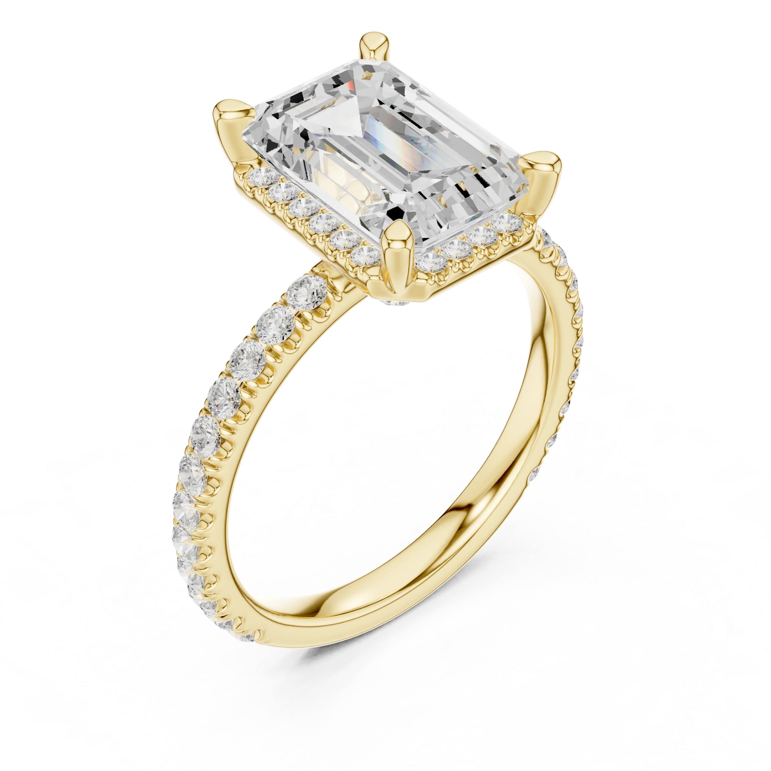 Front view of yellow gold emerald cut solitaire ring with hidden halo and thin pavé diamond band and lab-created diamond