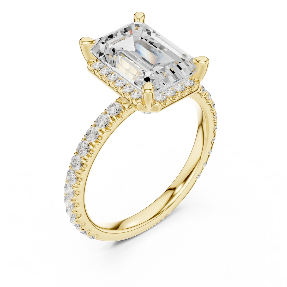 Front view of yellow gold emerald cut solitaire ring with hidden halo and thin pavé diamond band and lab-created diamond