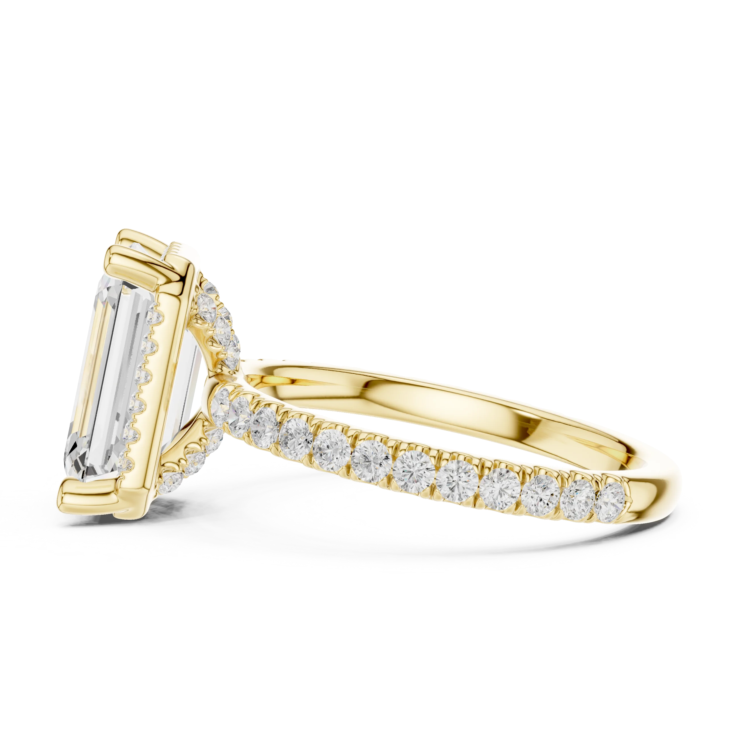 Side view of yellow gold emerald cut solitaire ring highlighting hidden halo and thin pavé band design