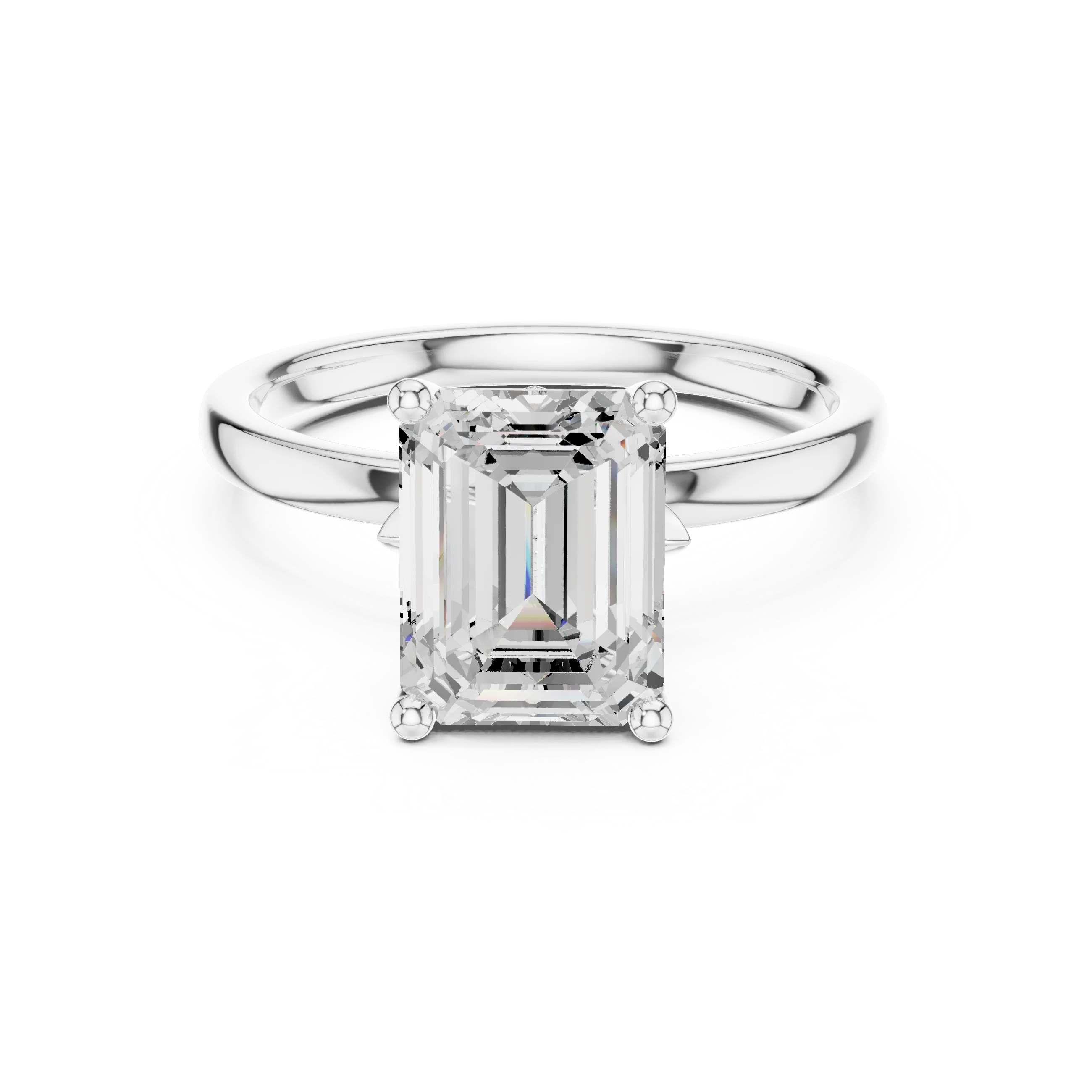 Lab-grown emerald cut solitaire ring in white gold with plain domed band