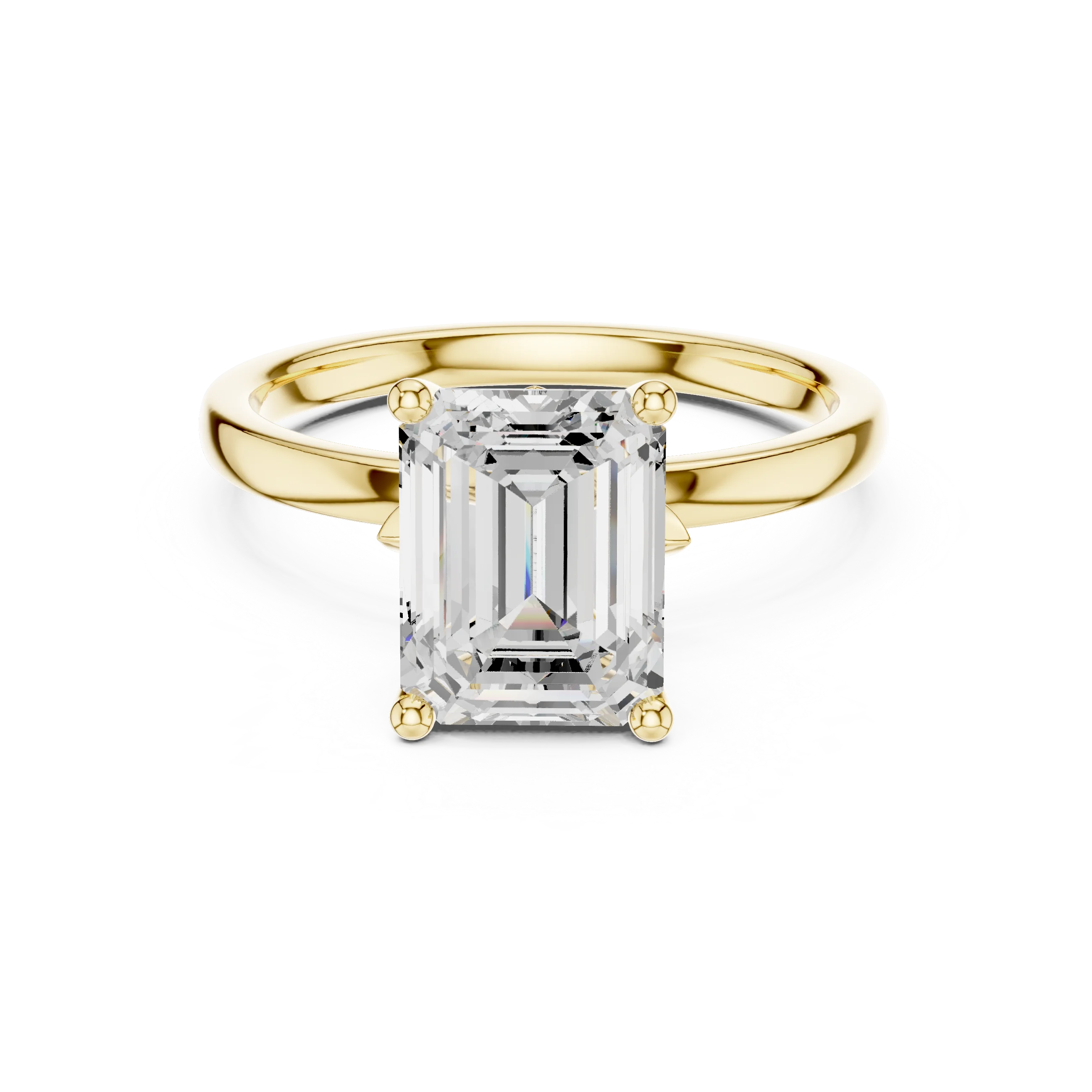 Lab-grown emerald cut solitaire ring in yellow gold with smooth domed band