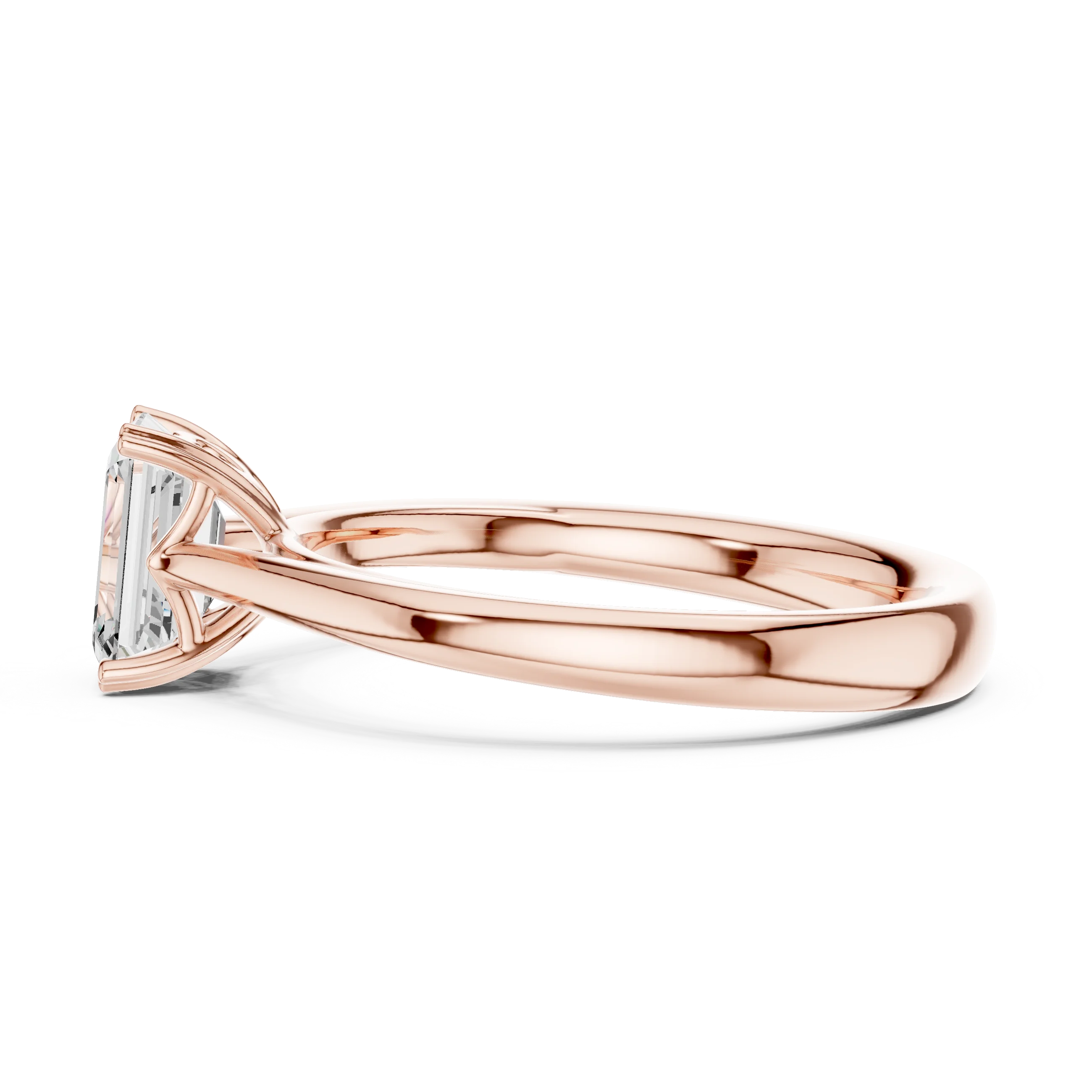 Side view of rose gold emerald solitaire ring with lab-grown emerald highlighting setting design