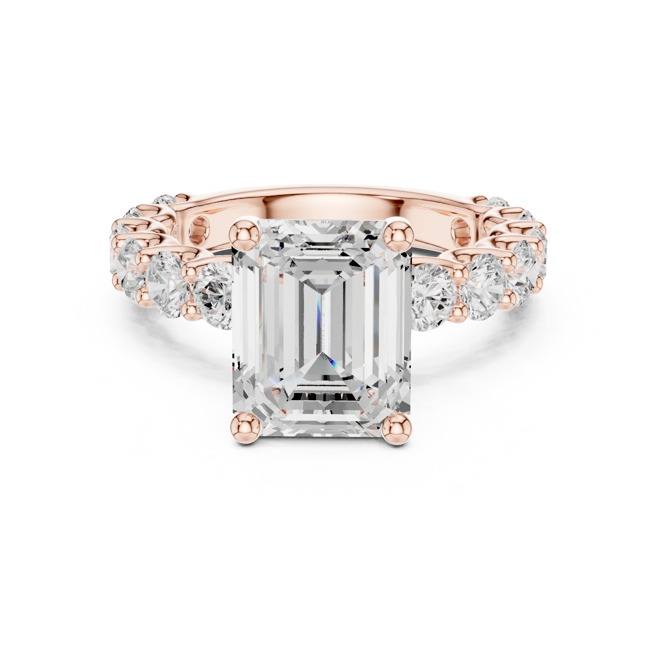 Lab-grown emerald cut solitaire ring in rose gold with shared prong large stone band