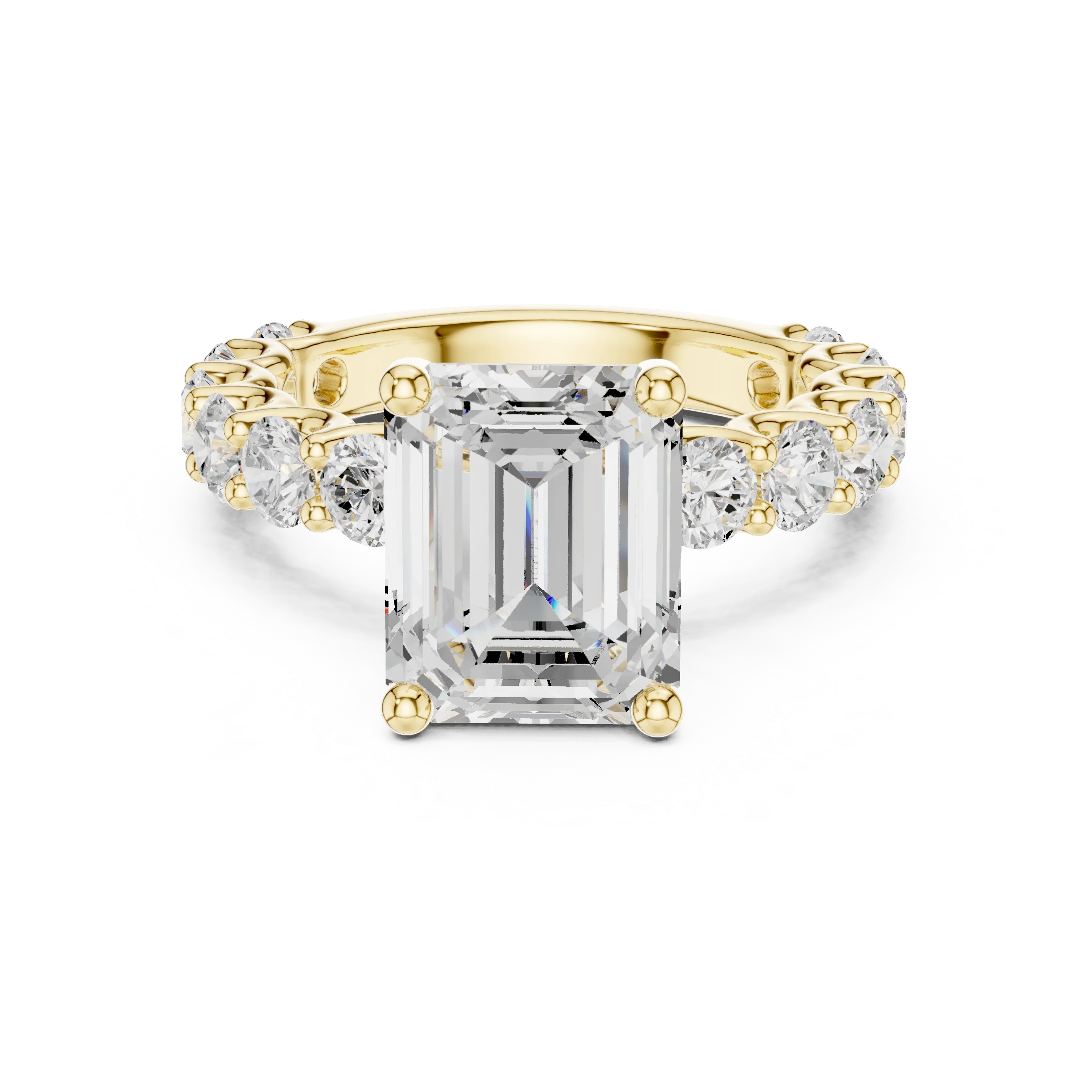 Lab-grown emerald cut solitaire ring in yellow gold with shared prong large stone band