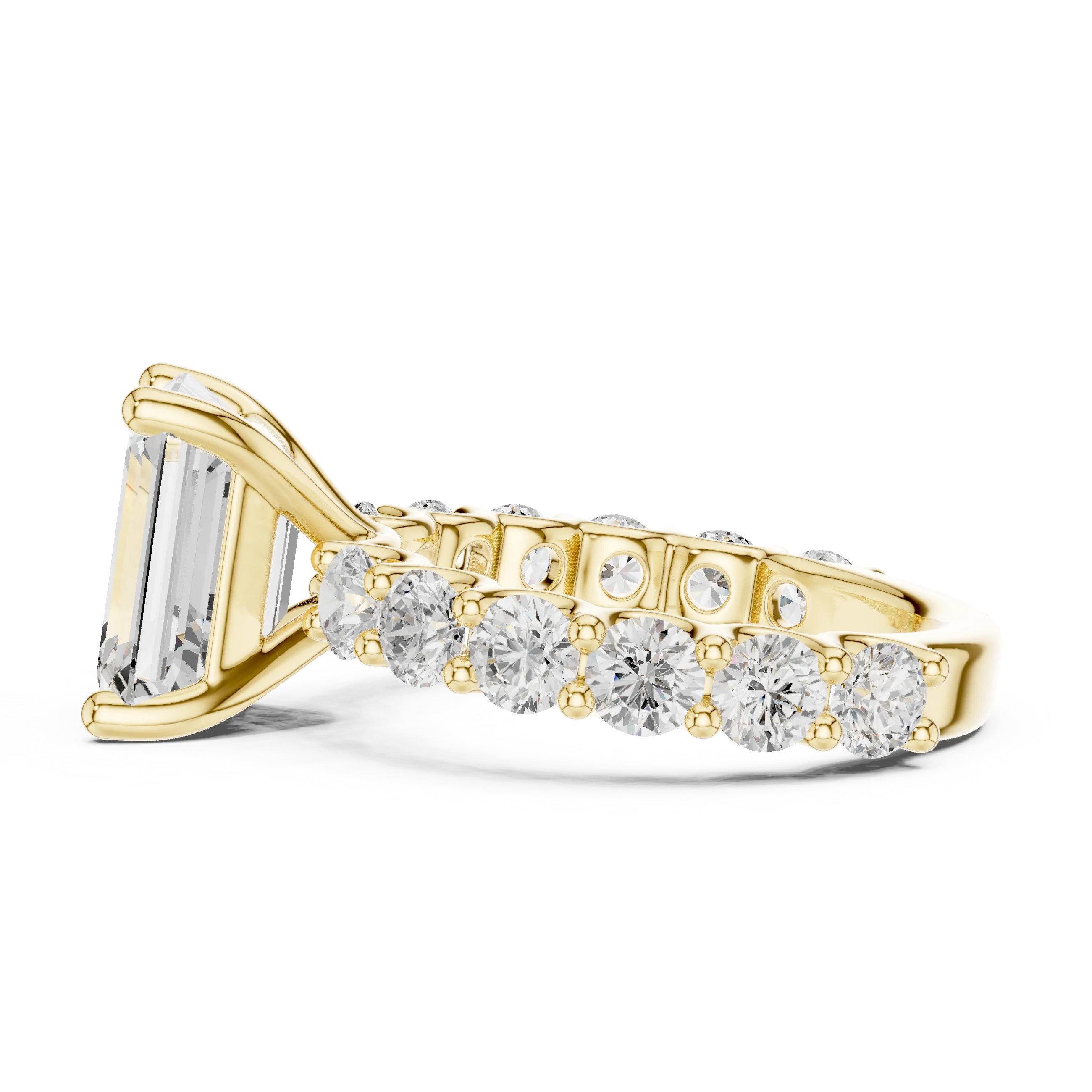 Side view of yellow gold emerald cut solitaire ring with shared prong large stone band and prong setting