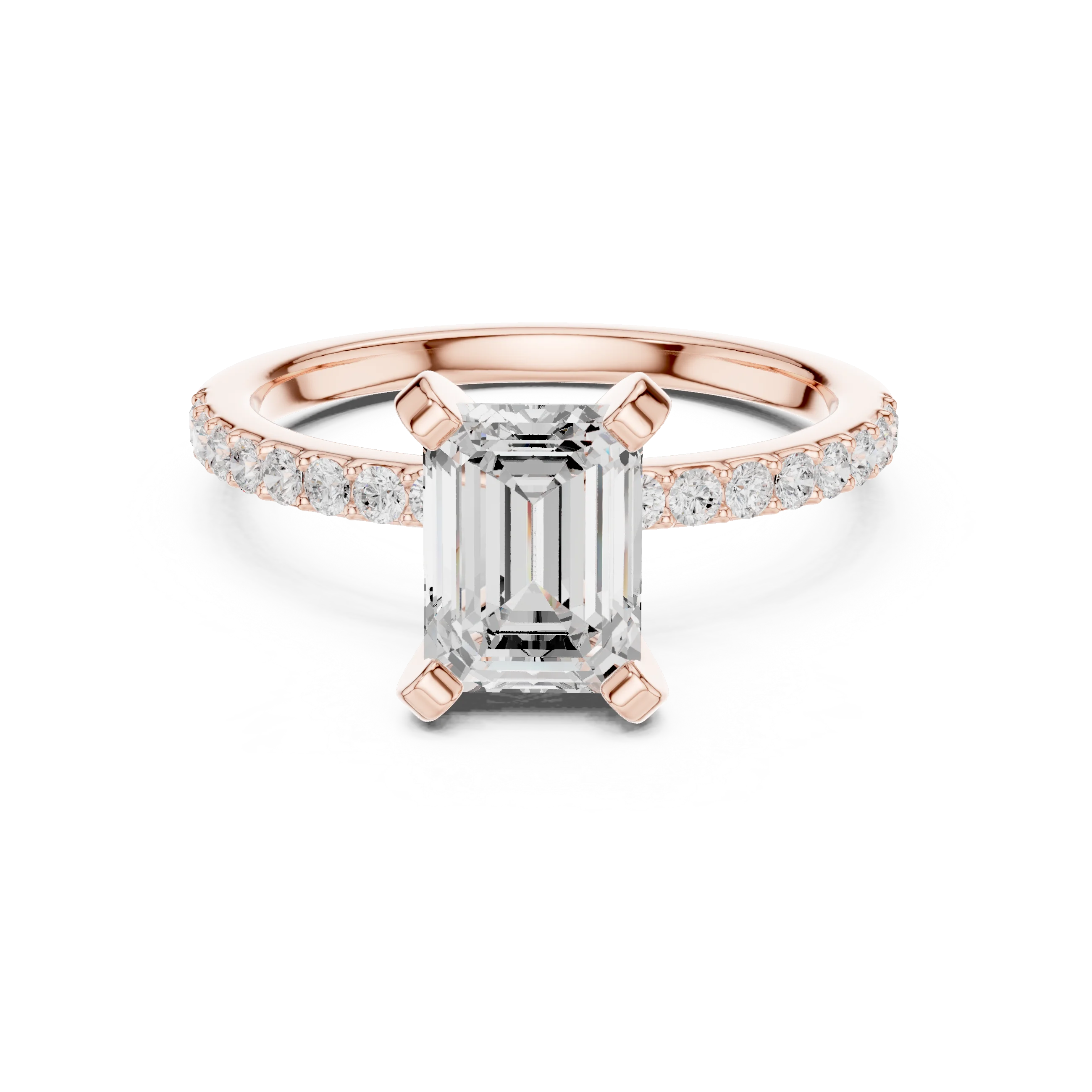 Lab-grown emerald solitaire diamond ring in rose gold with thin pavé band