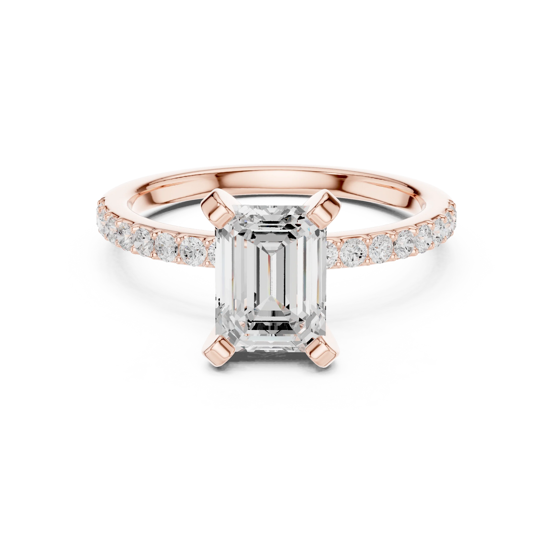 Lab-grown emerald solitaire diamond ring in rose gold with thin pavé band