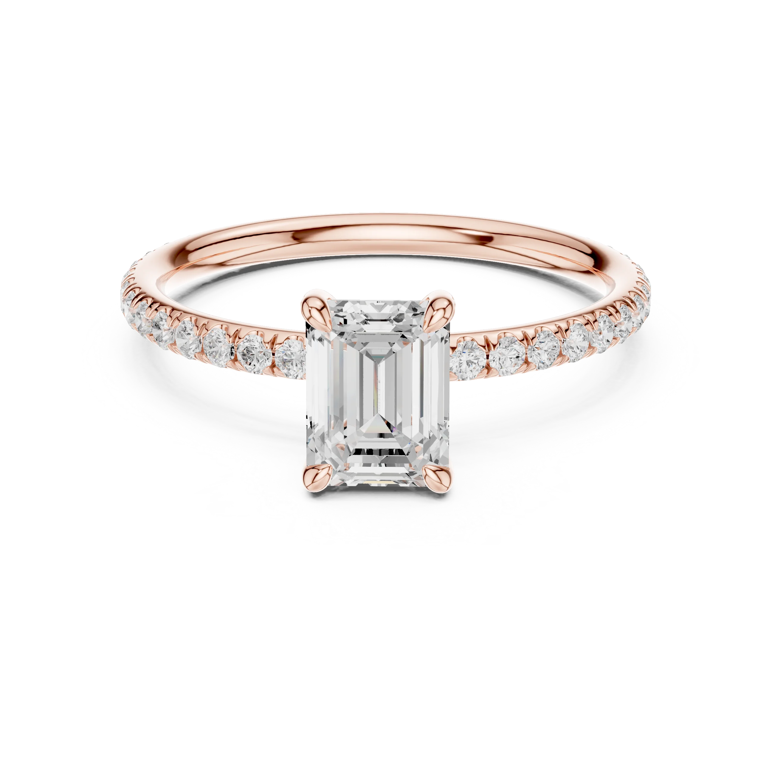 Lab-grown emerald cut solitaire ring in rose gold with thin pavé diamond band