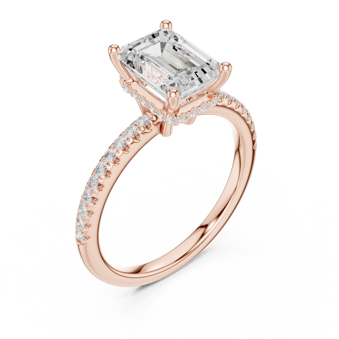 Front view of rose gold emerald cut solitaire ring with thin pave band and lab-created diamond