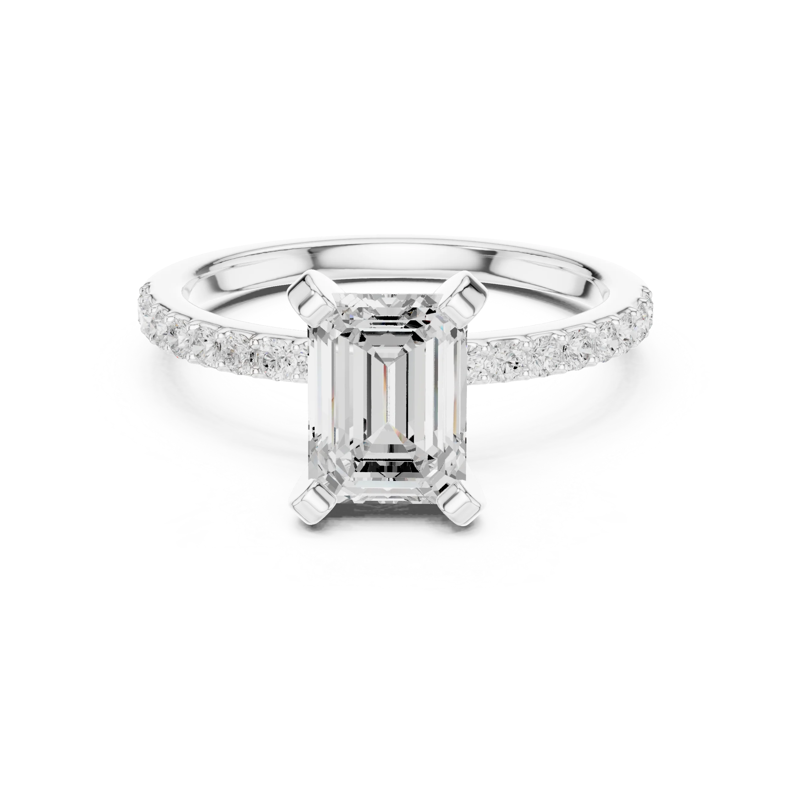 Lab-grown emerald solitaire diamond ring in white gold with thin pavé band