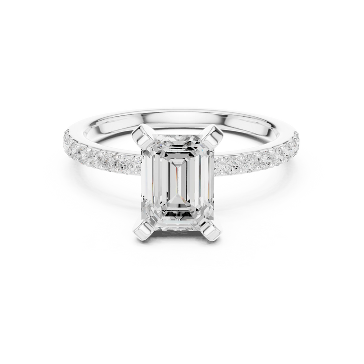 Lab-grown emerald solitaire diamond ring in white gold with thin pavé band