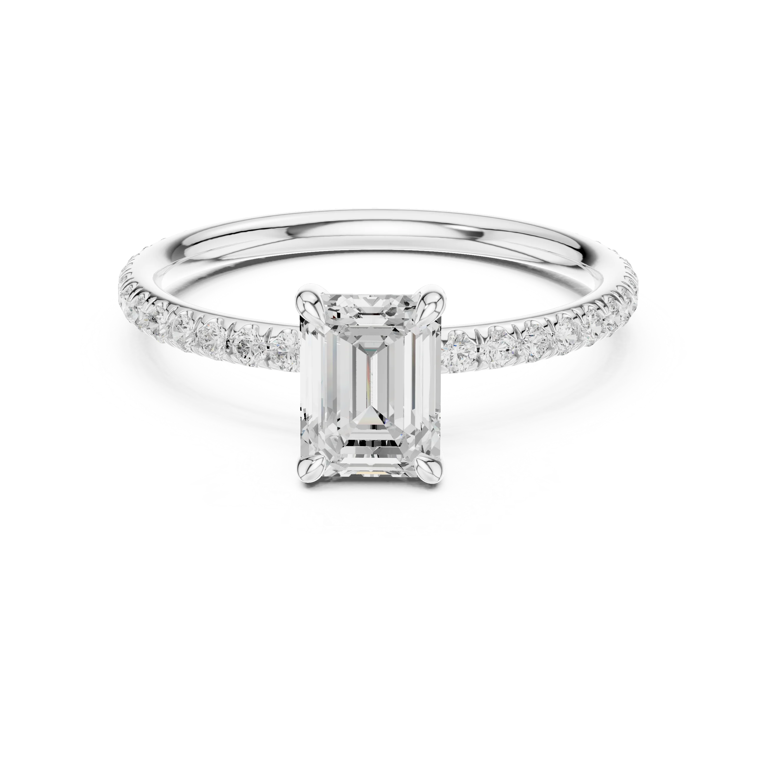 Lab-grown emerald cut solitaire ring in white gold with thin pavé diamond band