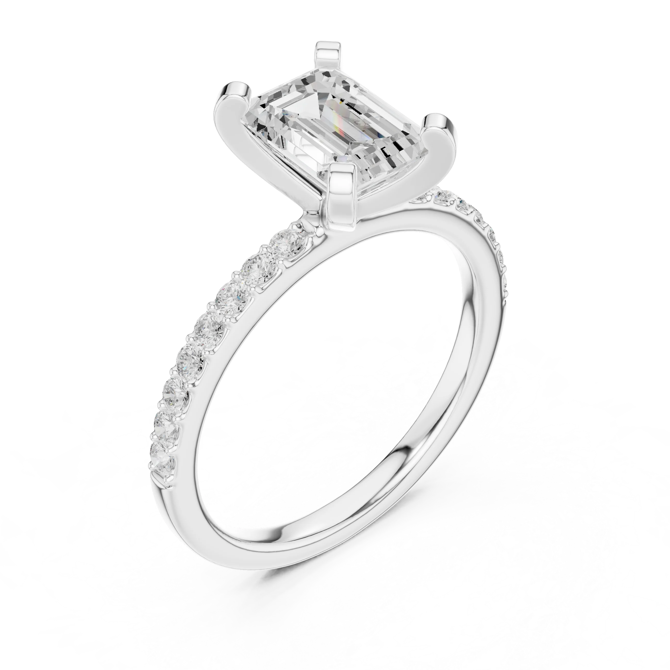 Front view of white gold emerald solitaire ring with thin pavé band and center diamond