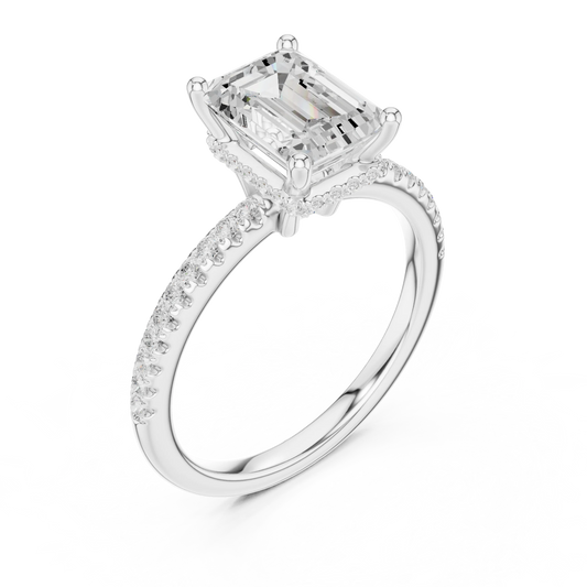 Front view of white gold emerald cut solitaire ring with thin pave band and lab-created diamond