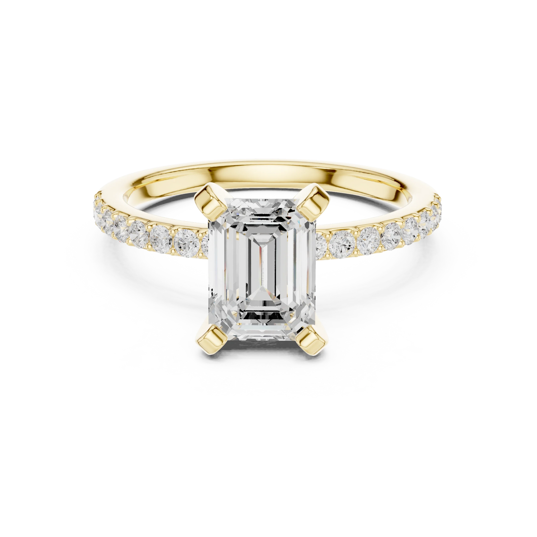 Lab-grown emerald solitaire diamond ring in yellow gold with thin pavé band