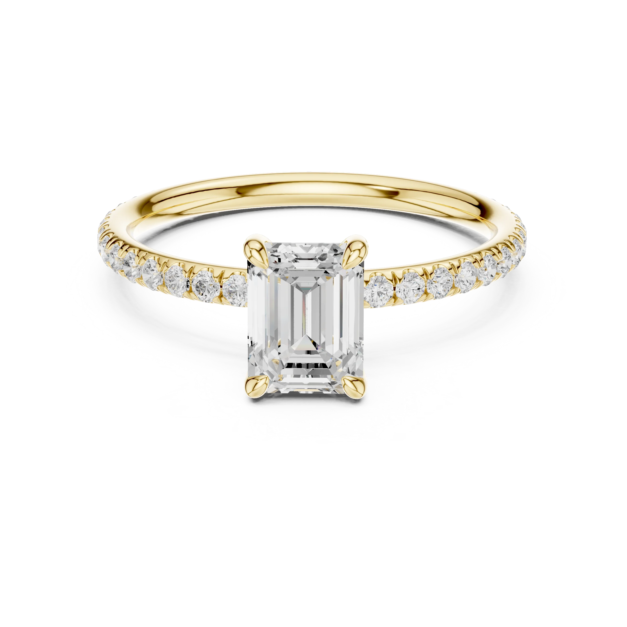 Lab-grown emerald cut solitaire ring in yellow gold with thin pavé diamond band