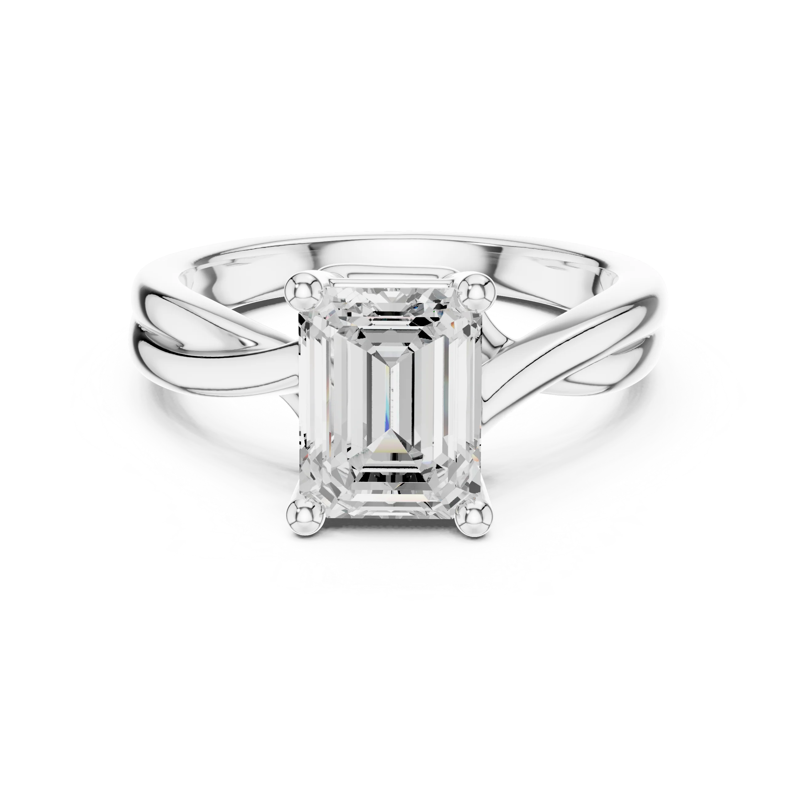 Lab-grown emerald cut solitaire ring in white gold with twisted band design