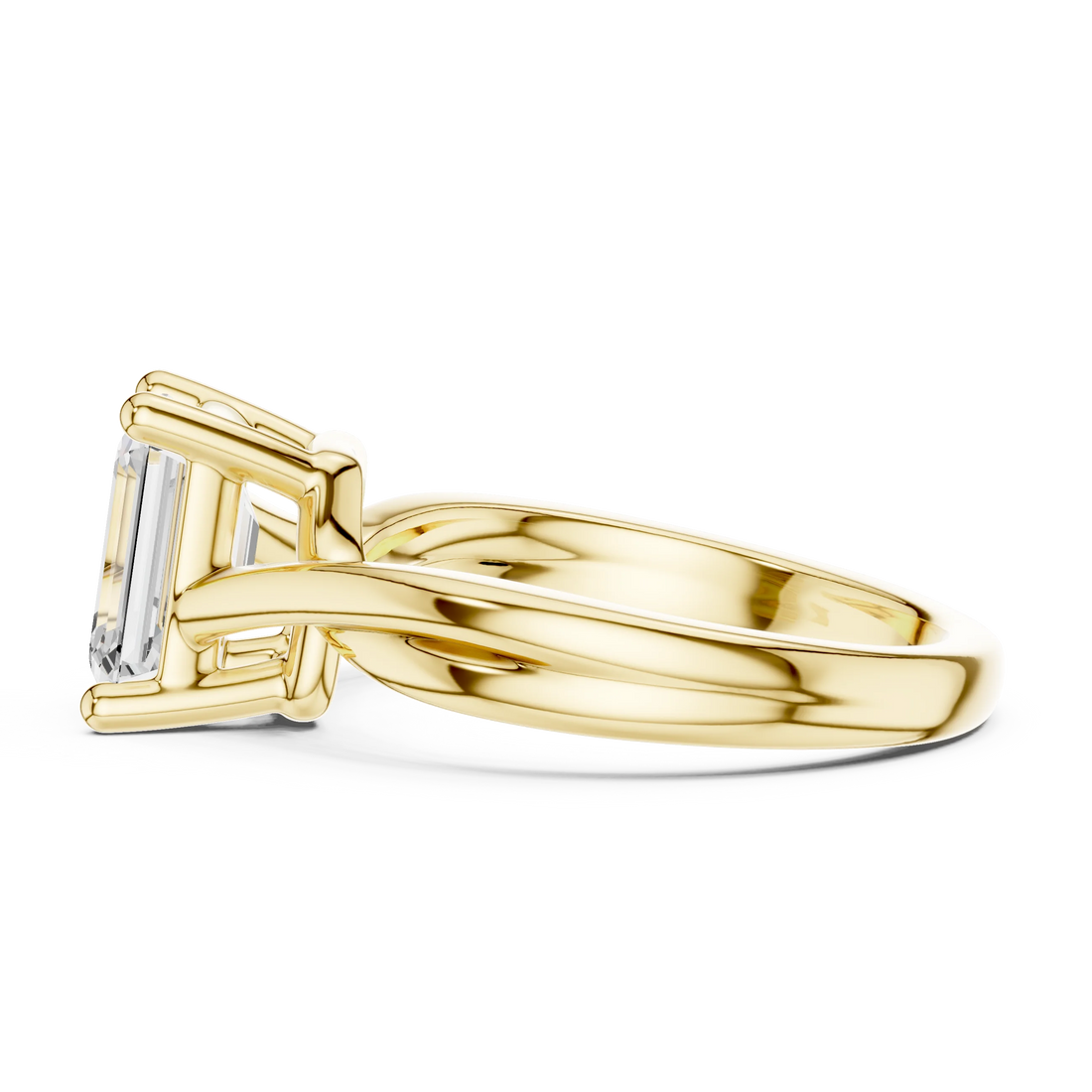 Side view of yellow gold emerald cut solitaire ring with twisted band and prong setting