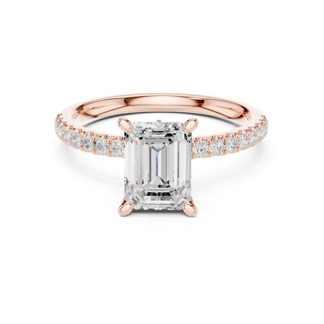 Emerald solitaire ring in rose gold with pave diamond band and lab-grown diamond – Australia
