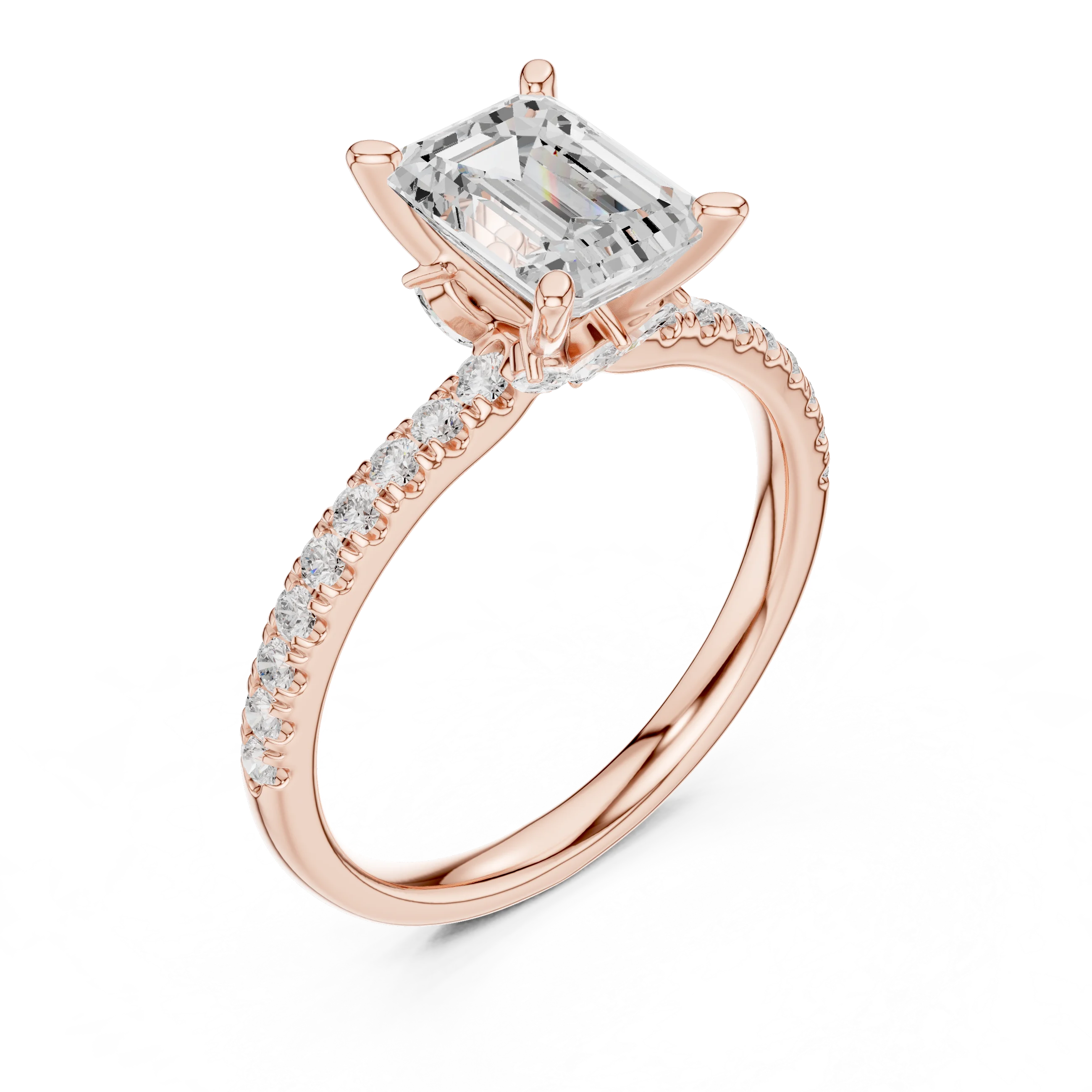Front view of rose gold emerald solitaire ring with pave diamond band and lab-grown diamond – Australia