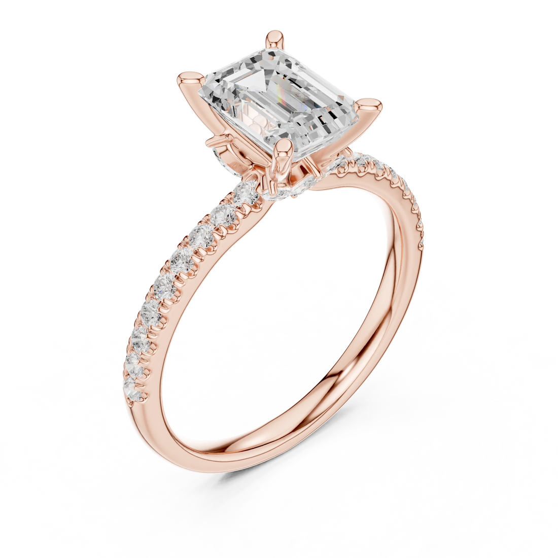 Front view of rose gold emerald solitaire ring with pave diamond band and lab-grown diamond – Australia