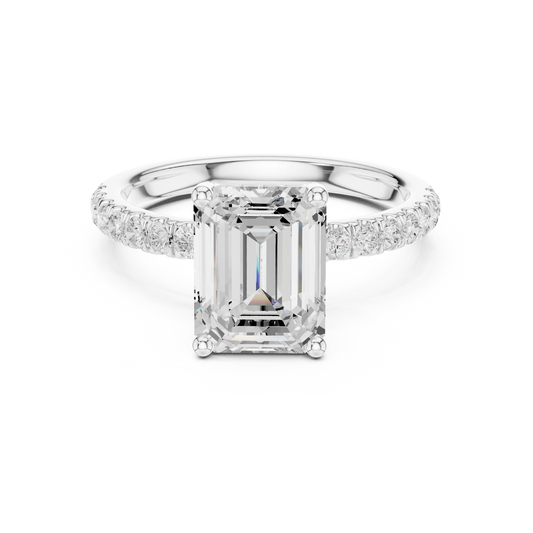 Emerald solitaire ring in white gold with pave diamond band and lab-grown diamond – Australia