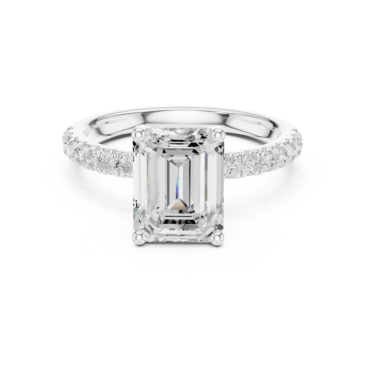 Emerald solitaire ring in white gold with pave diamond band and lab-grown diamond – Australia