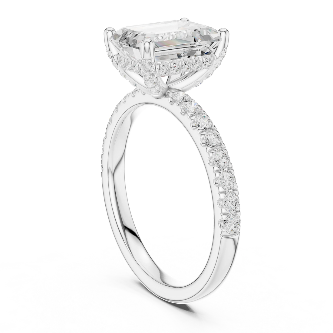 Back view of white gold emerald solitaire ring with pave diamond band and lab-grown diamond – Australia