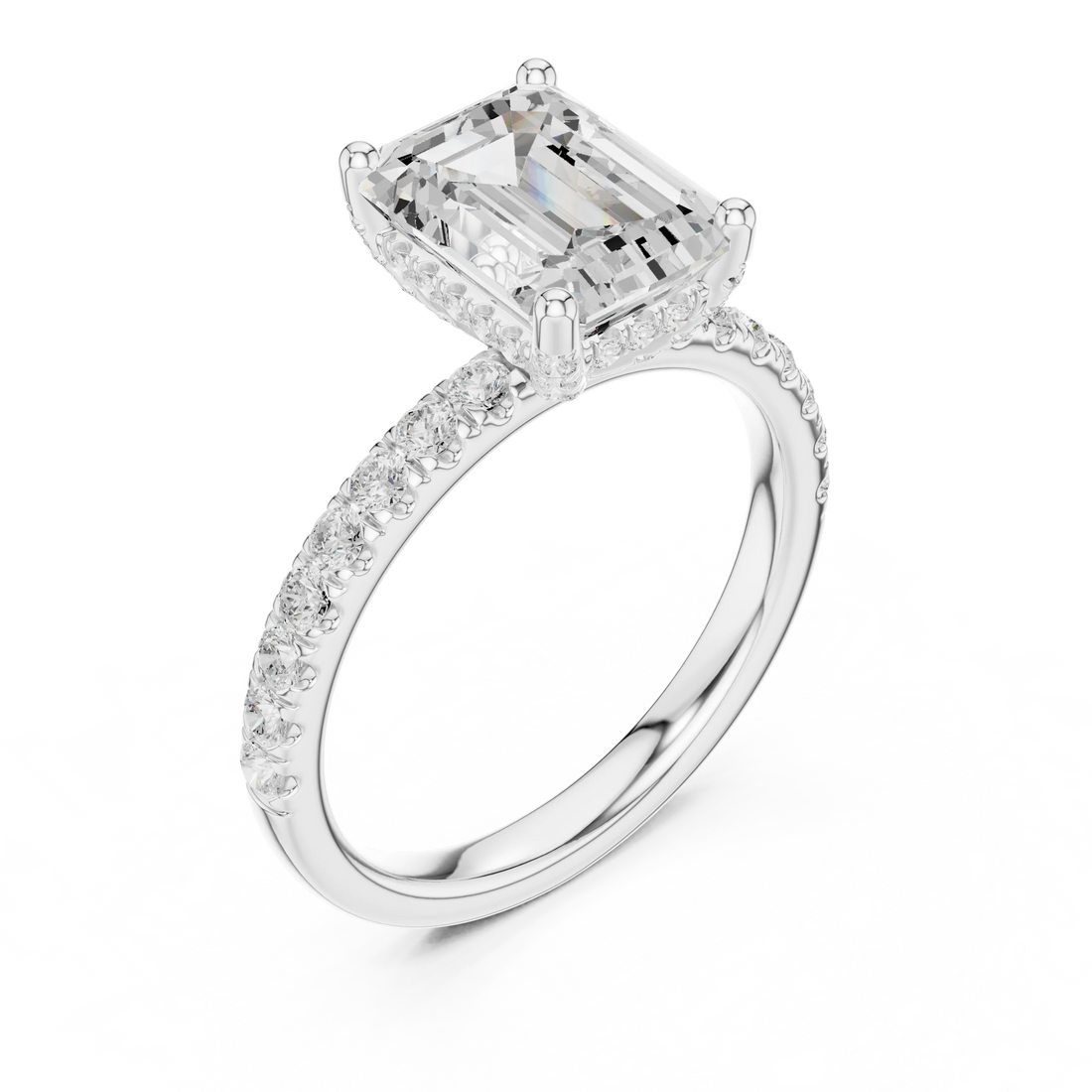 Front view of white gold emerald solitaire ring with pave diamond band and lab-grown diamond – Australia