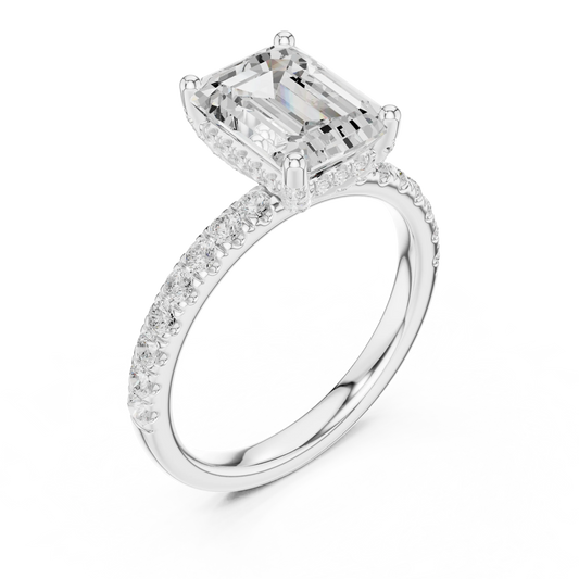 Front view of white gold emerald solitaire ring with pave diamond band and lab-grown diamond – Australia